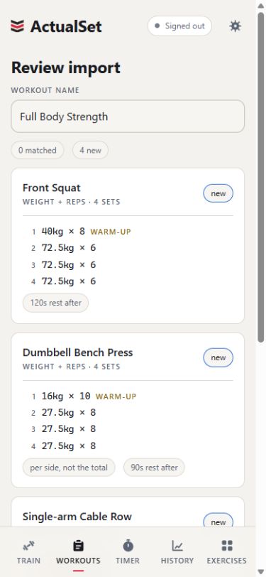 ActualSet import review showing exercises and planned sets