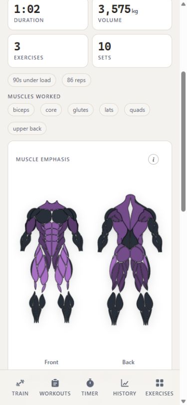 ActualSet completed workout muscle emphasis view